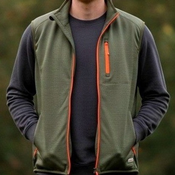 Orvis Size L Mens Grid Fleece Vest Olive Green Orange Full Zip Outdoor Hiking - Picture 3 of 12